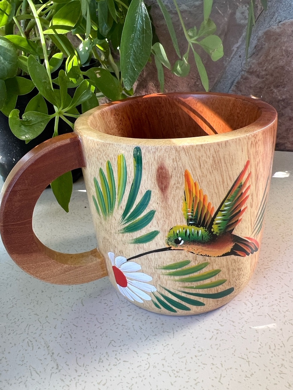 Hand-Painted Hummingbird & Flower Honduras Wooden Souvenir Mug